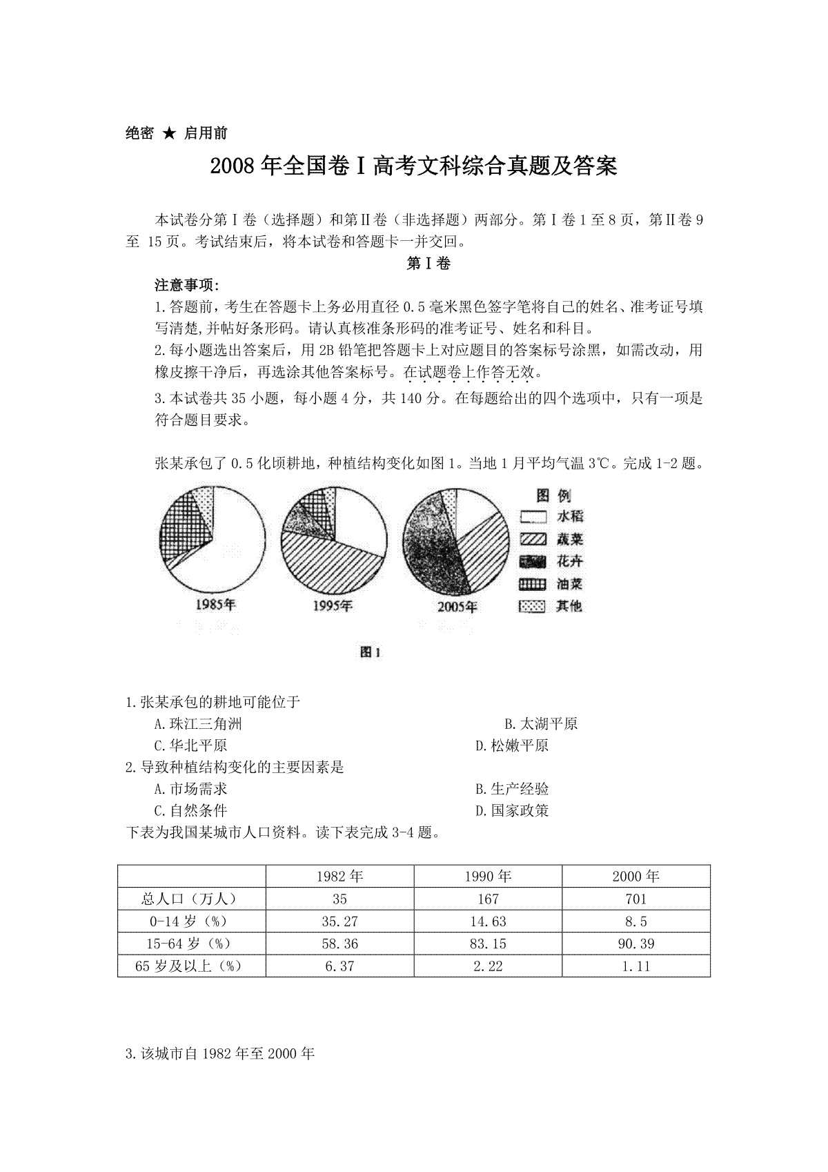 2008年全国卷Ⅰ高考文科综合真题及答案