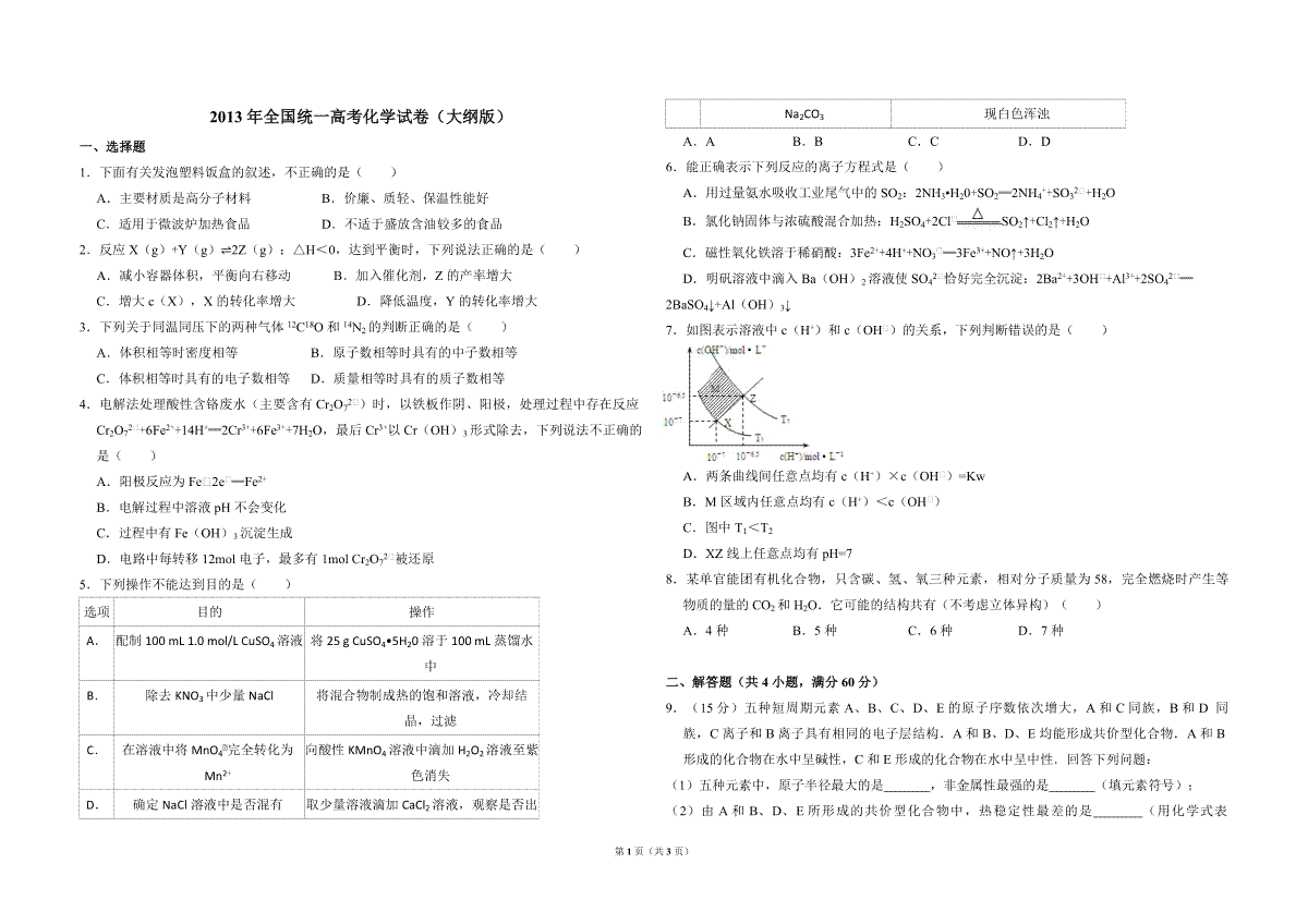 2013年全国统一高考化学试卷（大纲版）（原卷版）