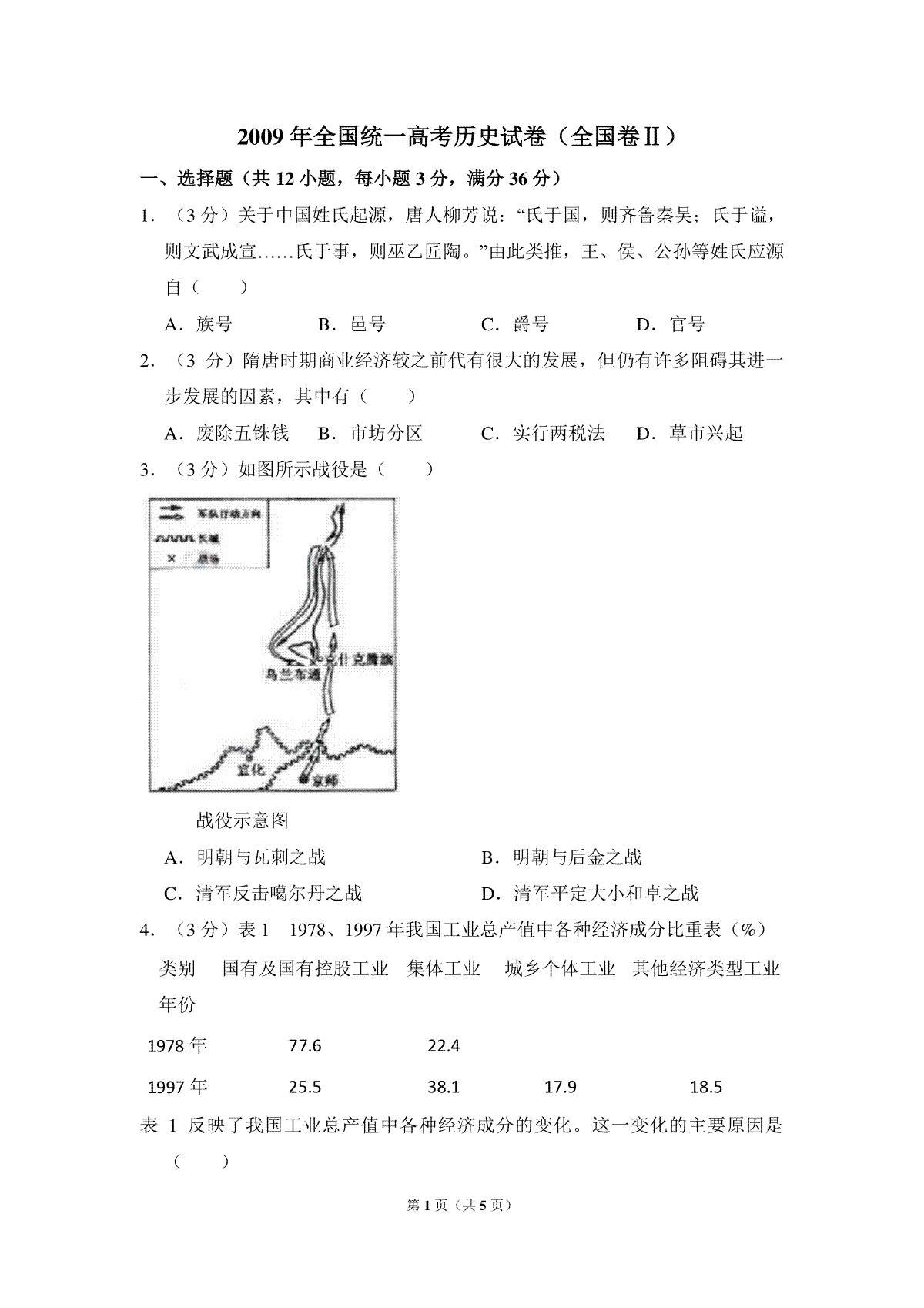 -2009年全国统一高考历史试卷（全国卷ⅱ）（原卷版）