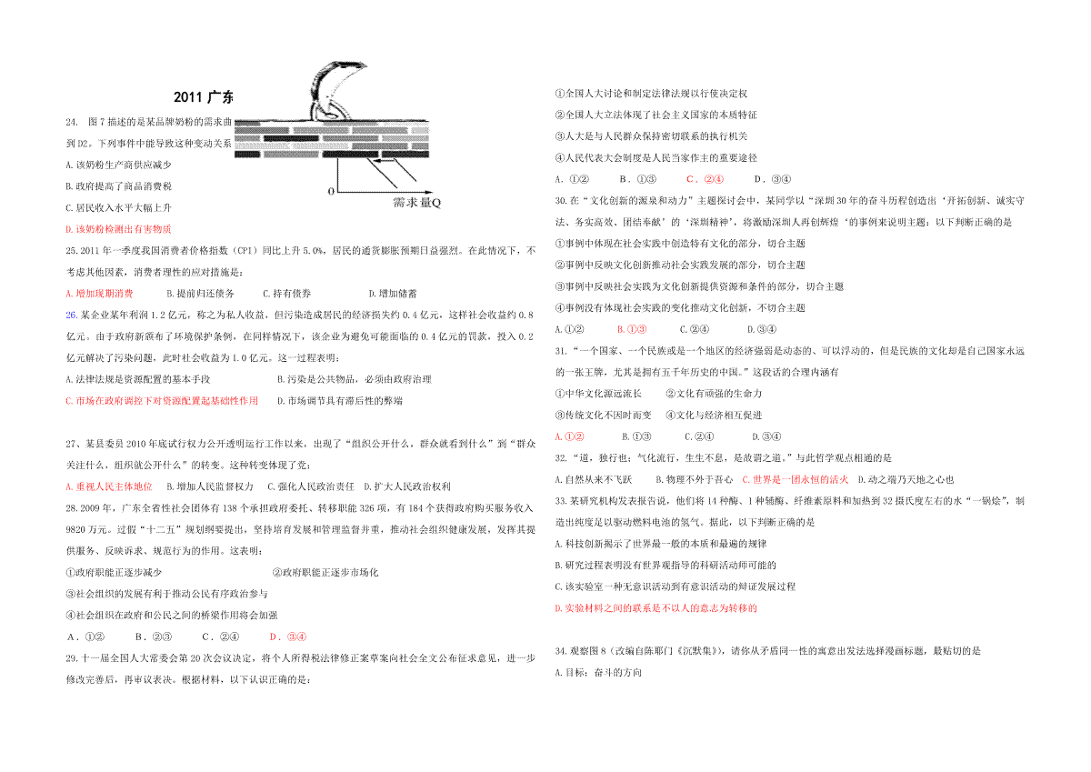 2011年高考广东政治（原卷版）