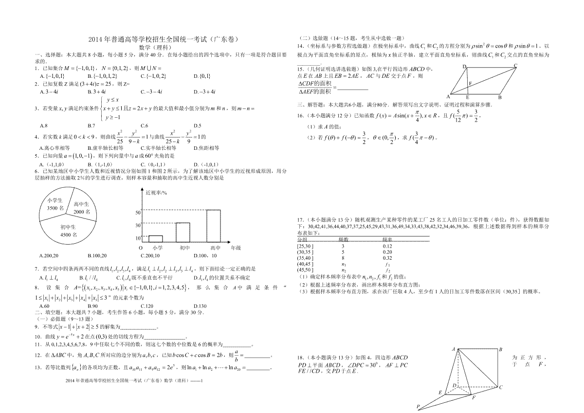 2014年广东高考（理科）数学试题及答案