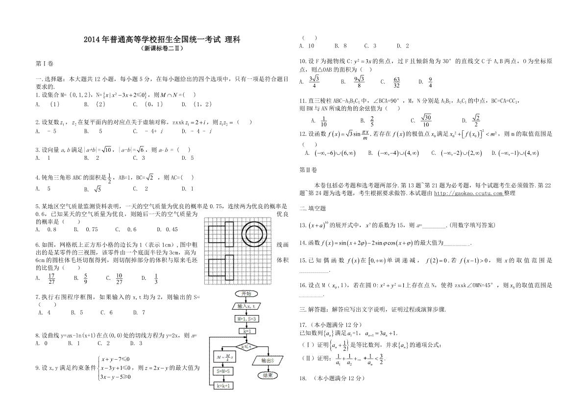 2014年海南省高考数学（原卷版）（理科）