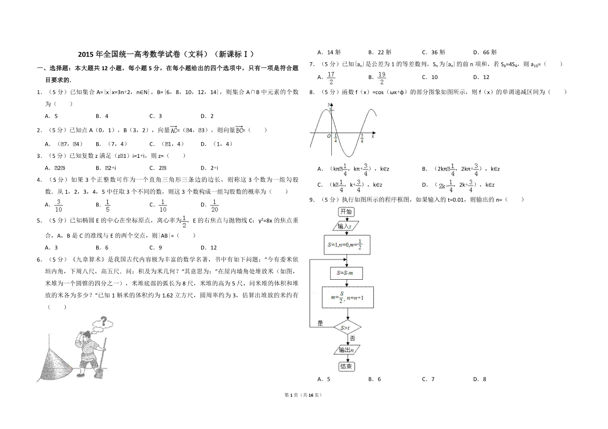 2015年全国统一高考数学试卷（文科）（新课标ⅰ）（含解析版）