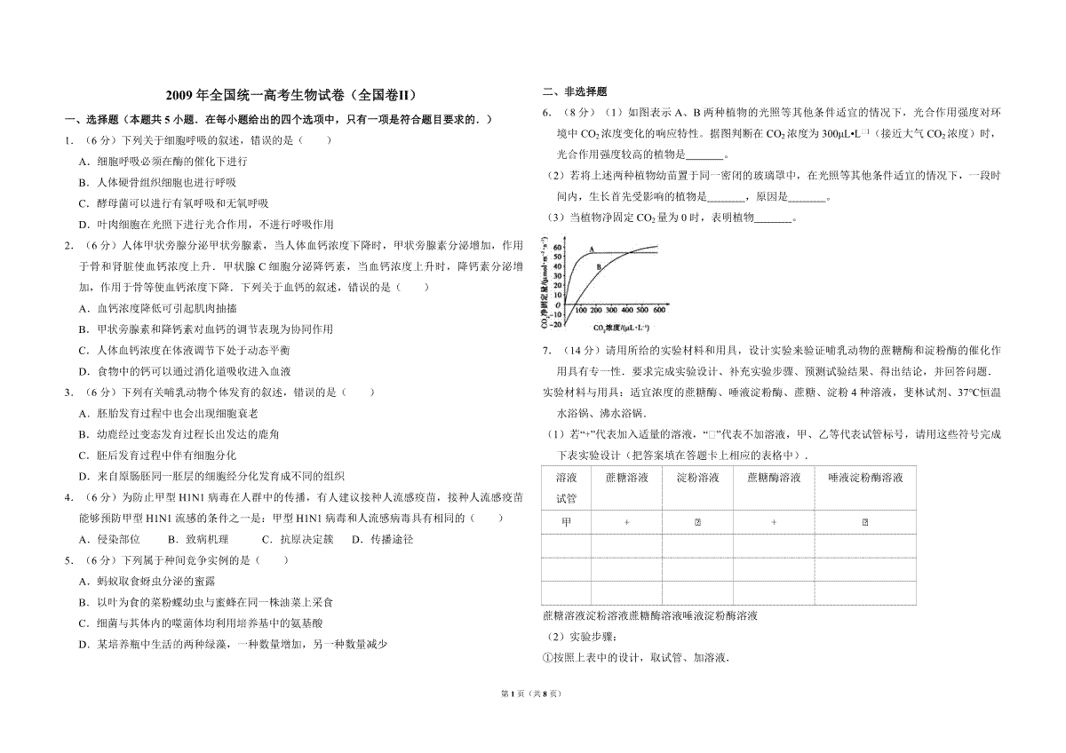 2009年全国统一高考生物试卷（全国卷ⅱ）（含解析版）