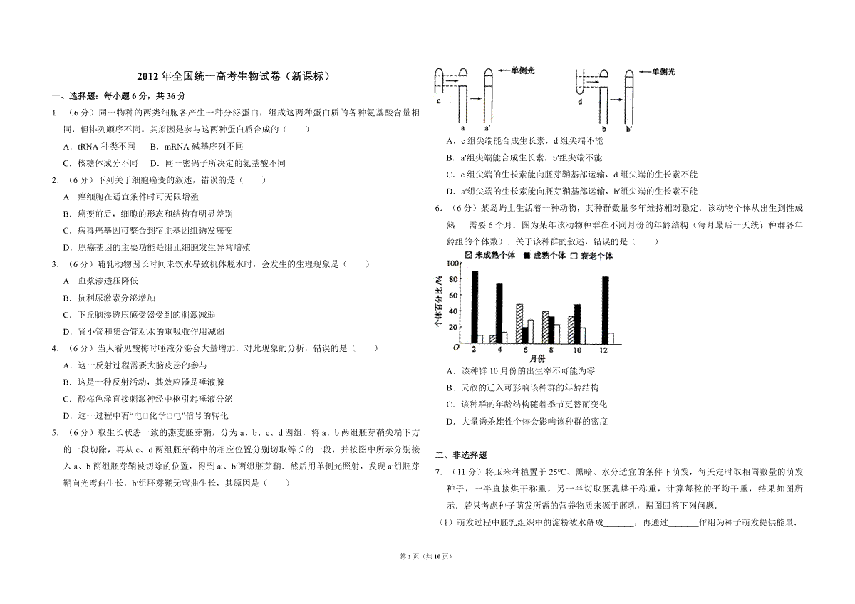 2012年全国统一高考生物试卷（新课标）（含解析版）(1)