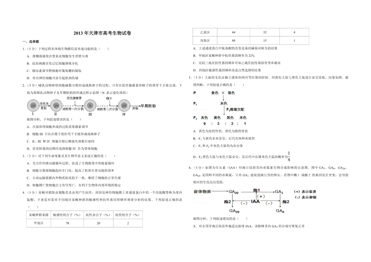 2013年天津市高考生物试卷