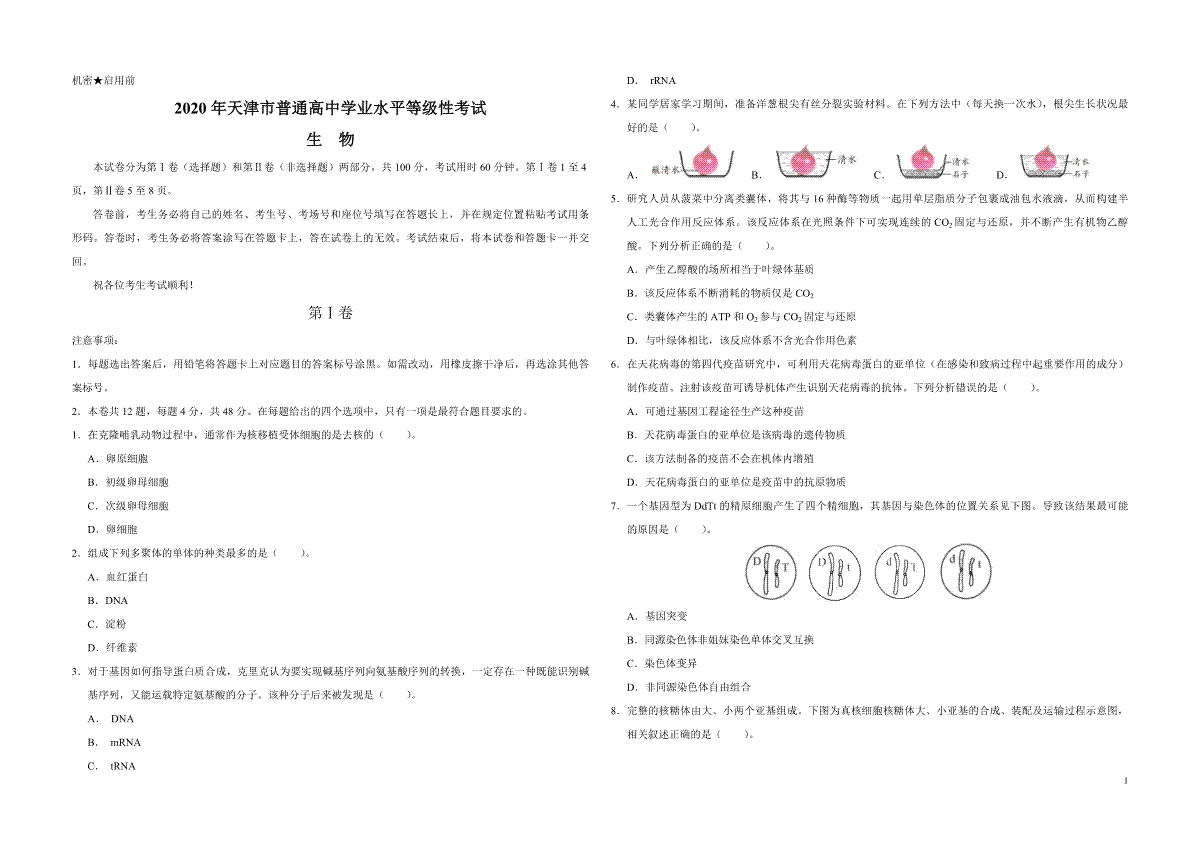 2020年天津市高考生物试卷