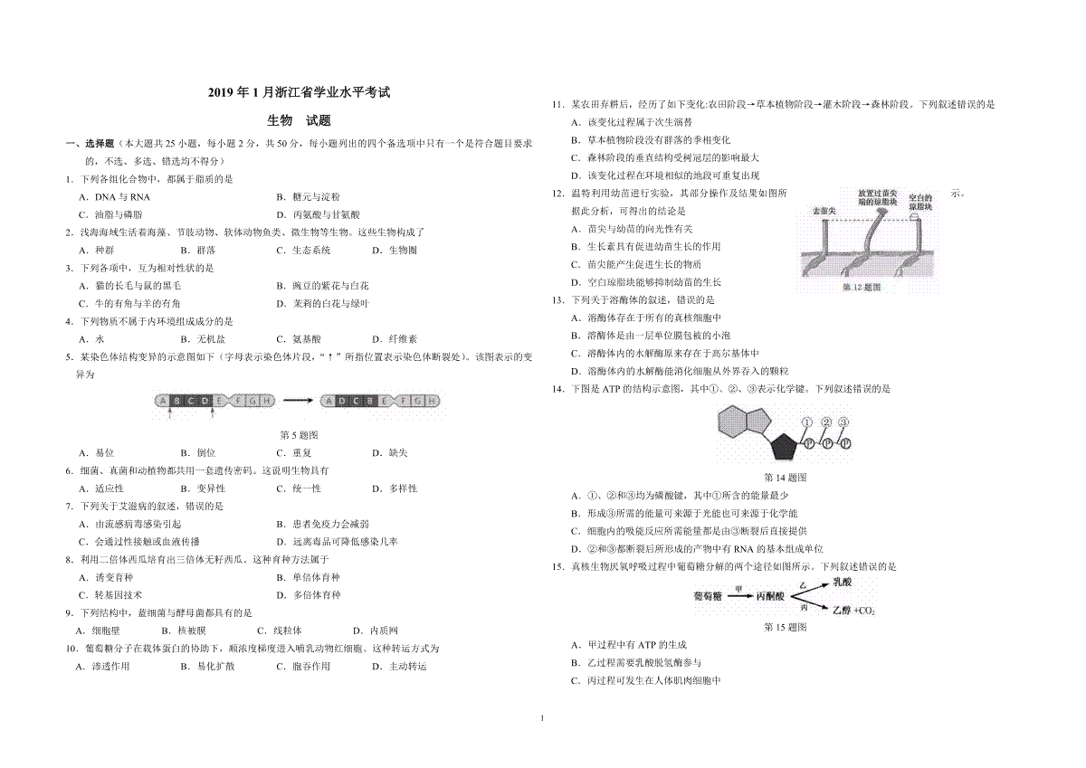 2019年浙江省高考生物【1月】（含解析版）