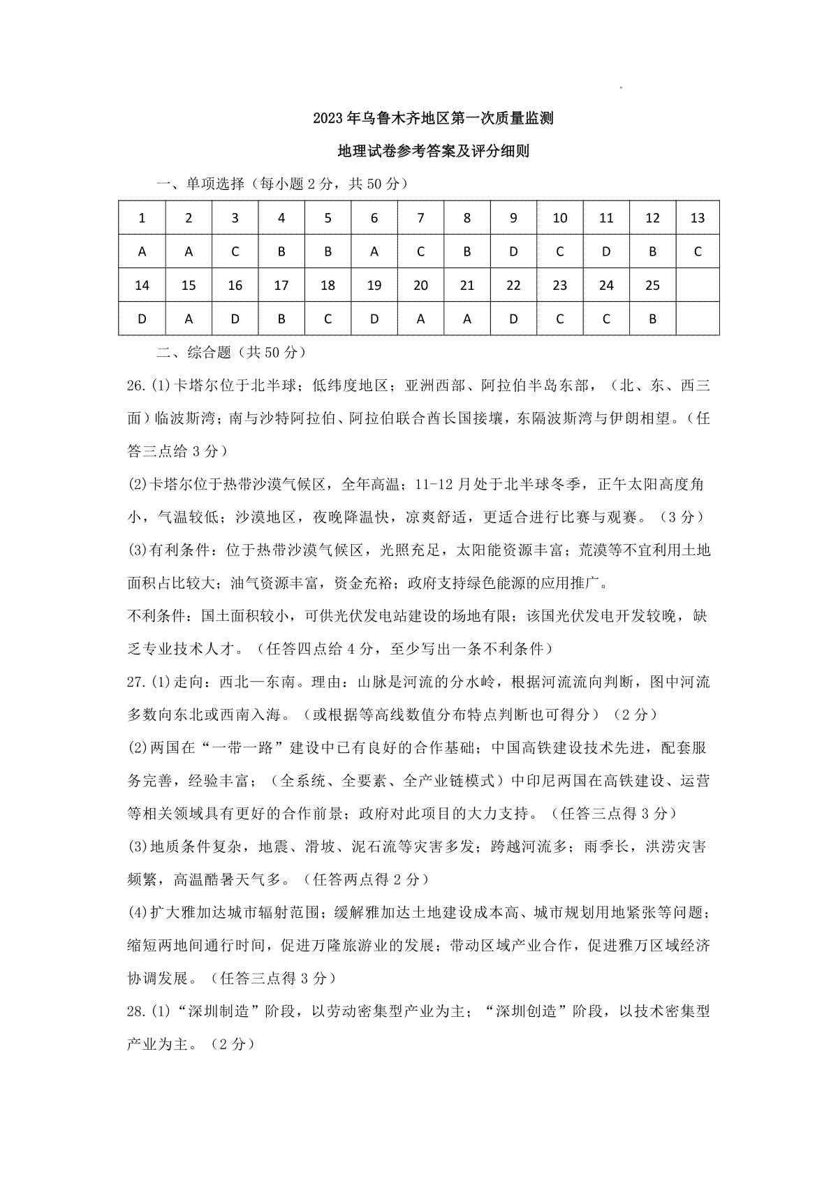 2023届新疆乌鲁木齐地区高三第一次质量监测地理答案及评分细则