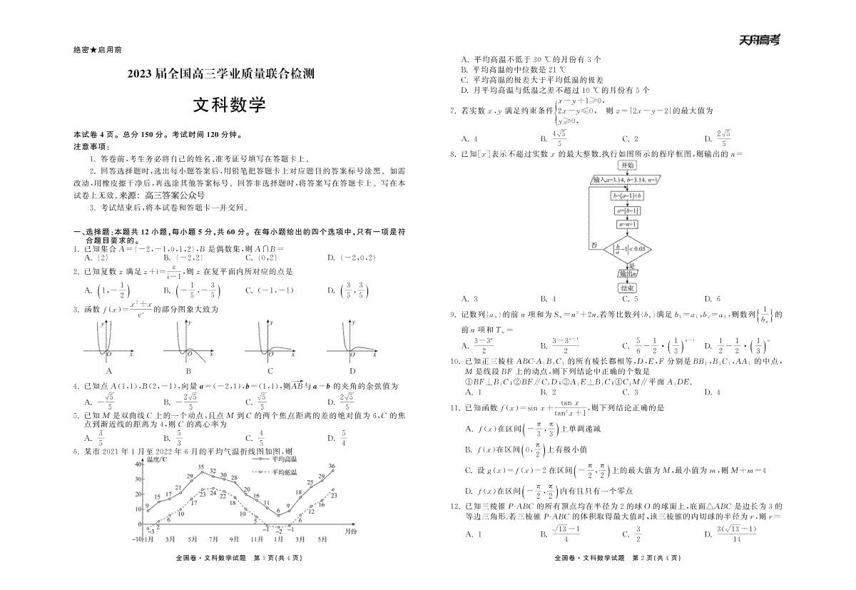 2023.2大联考文数全国卷 正文