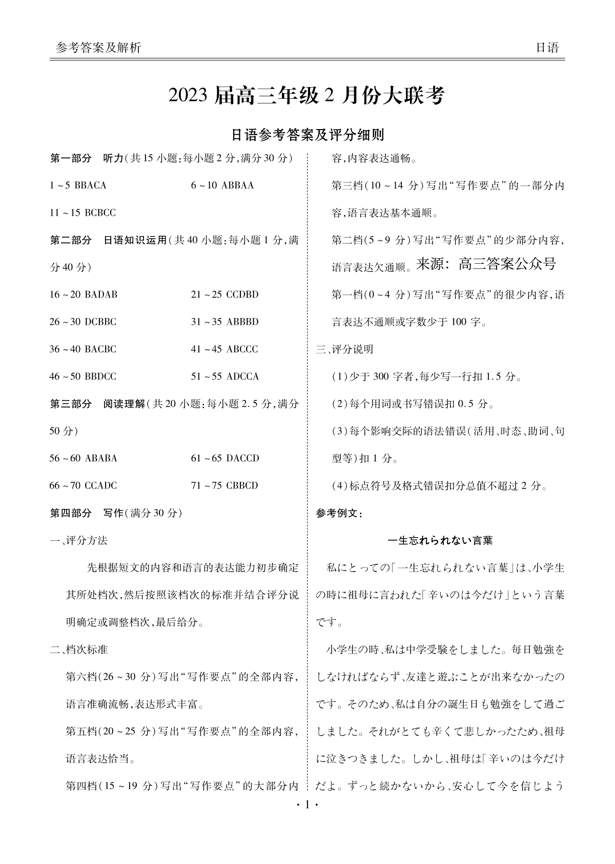 2023届高三年级2月份大联考日语答案