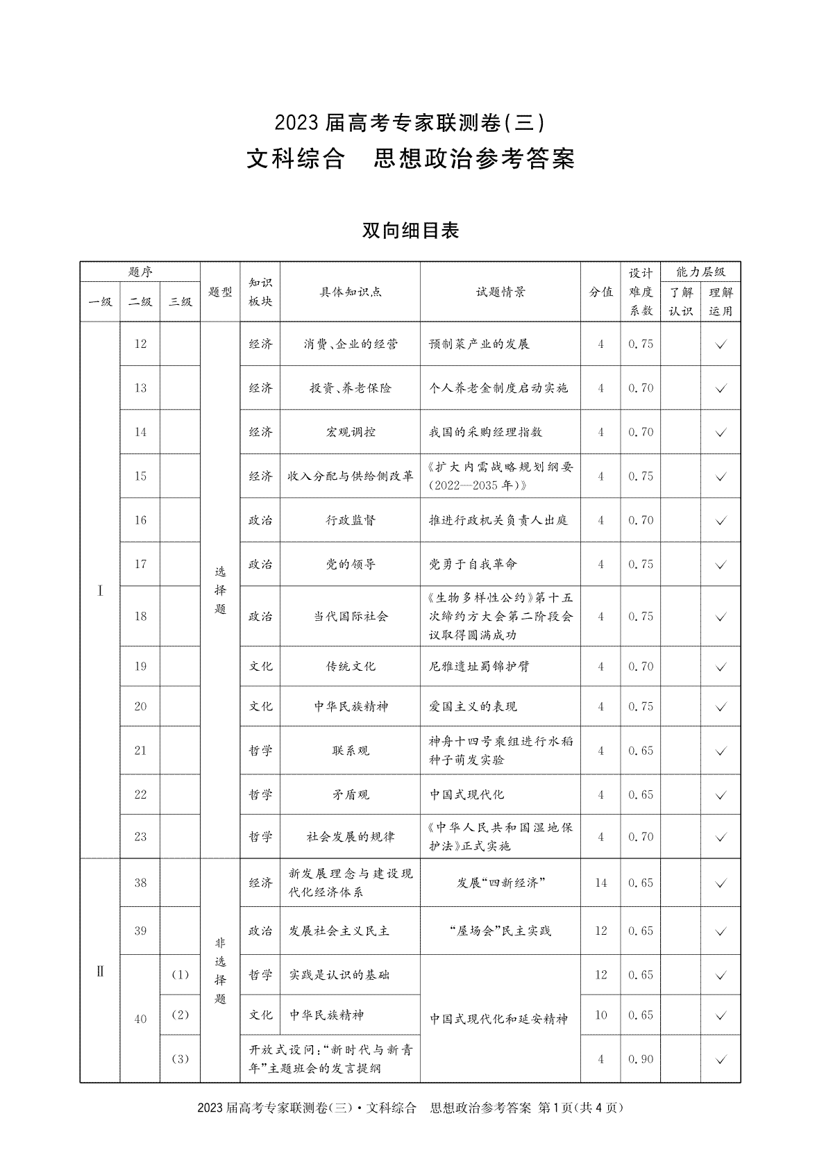 四川省2023届高三高考专家联测卷（三）政治3答案