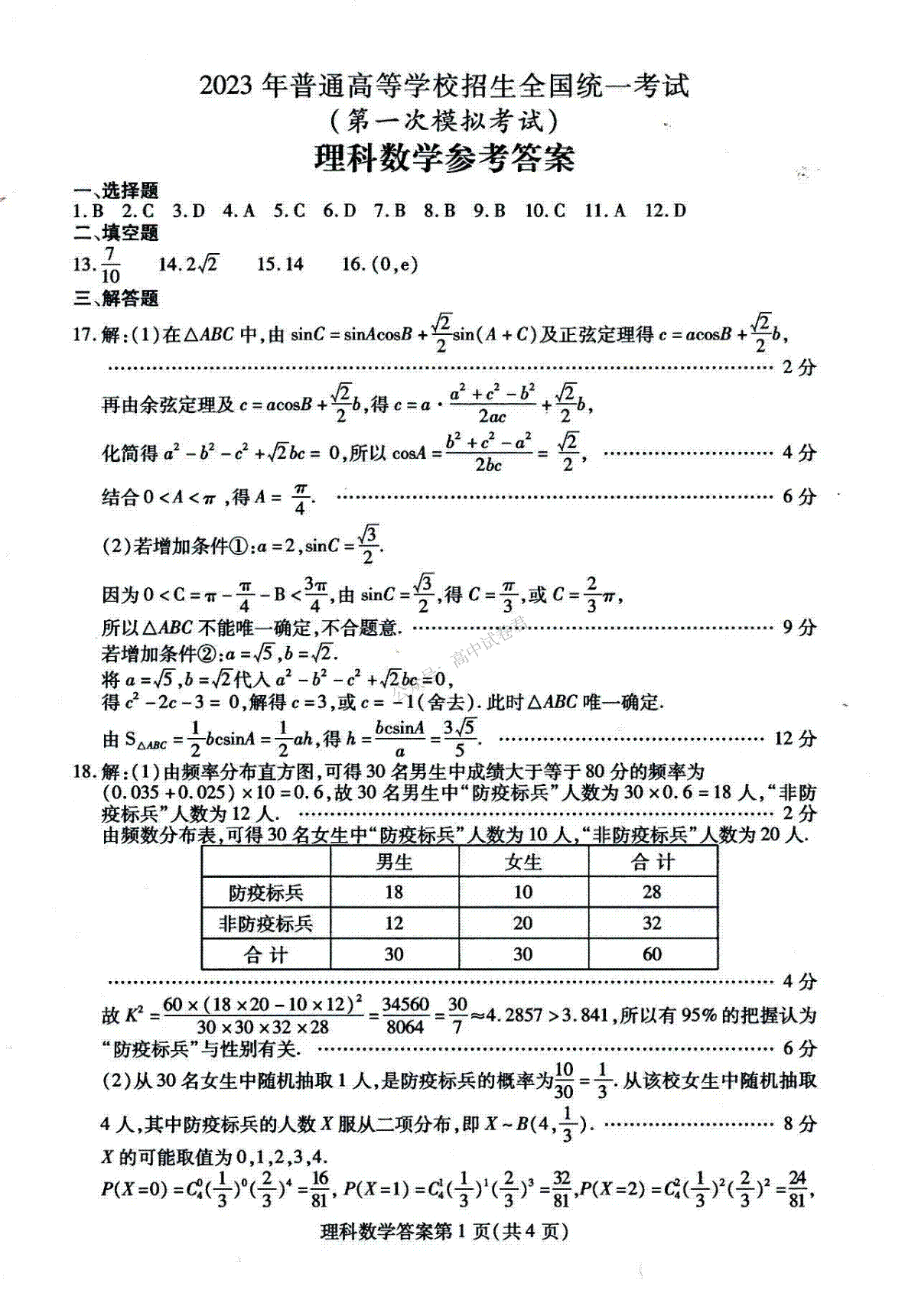 2023 年普通高等学校招生全国统一考试（2023全国一模）理科参考答案