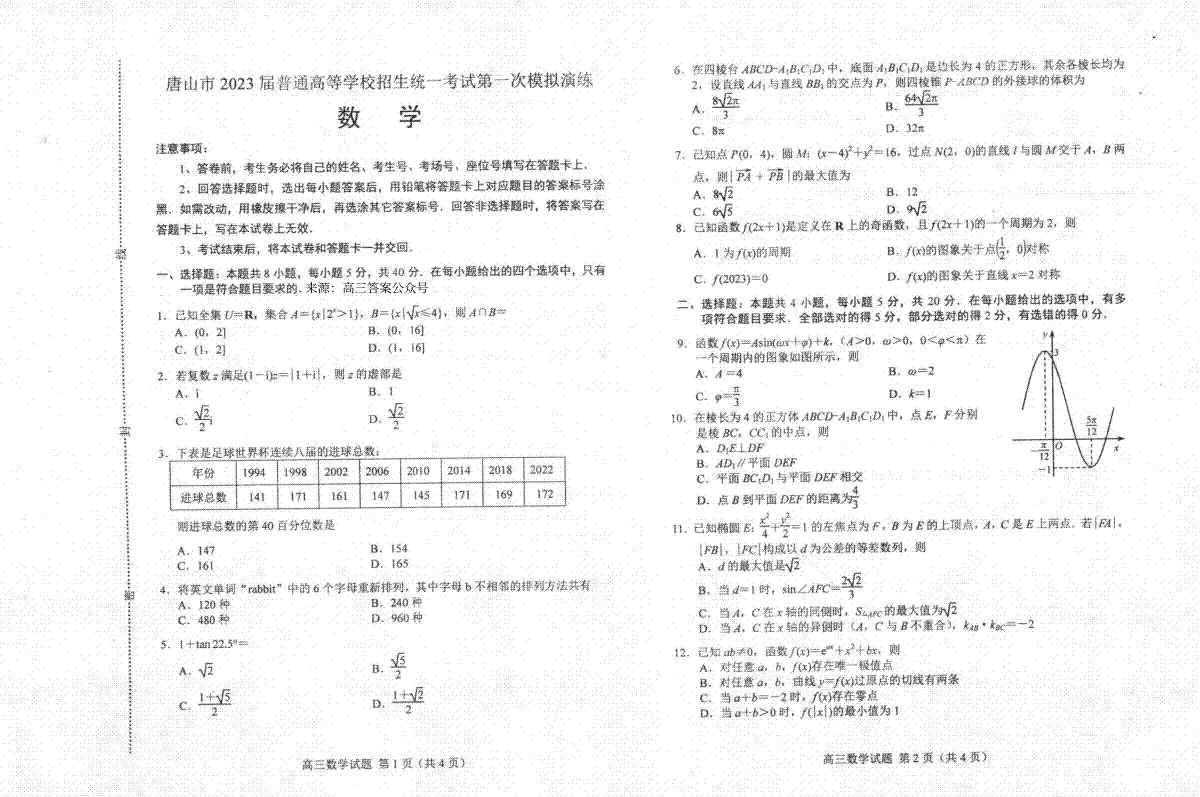 河北省唐山市2023届高三一模数学试题