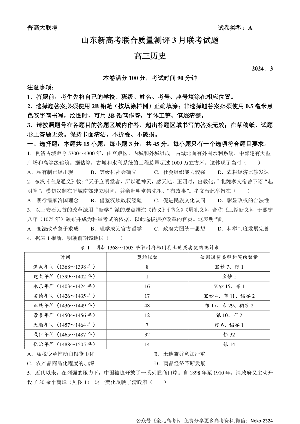 山东省新高考联合质量测评2023-2024学年高三下学期3月联考历史试题(无答案)