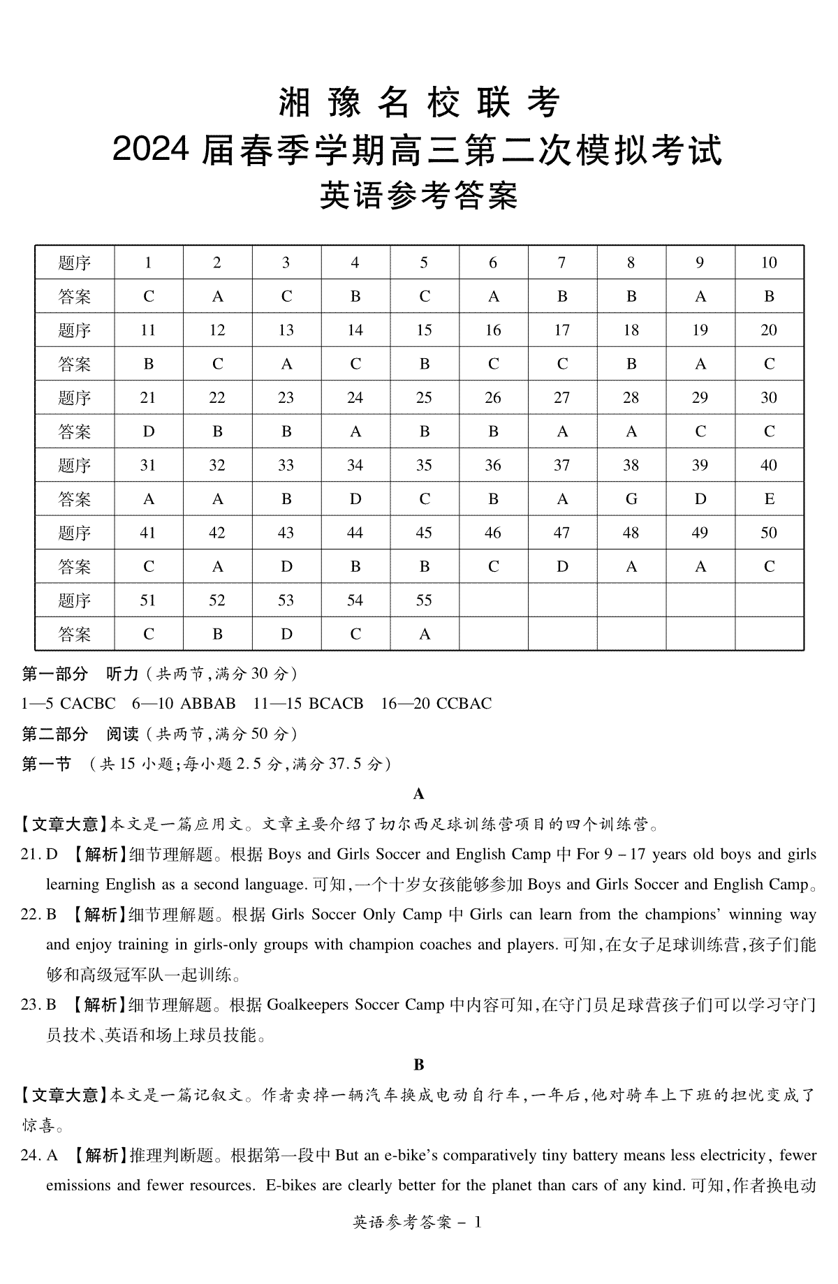 2024届湘豫名校联考高三第二次模拟考试英语参考答案