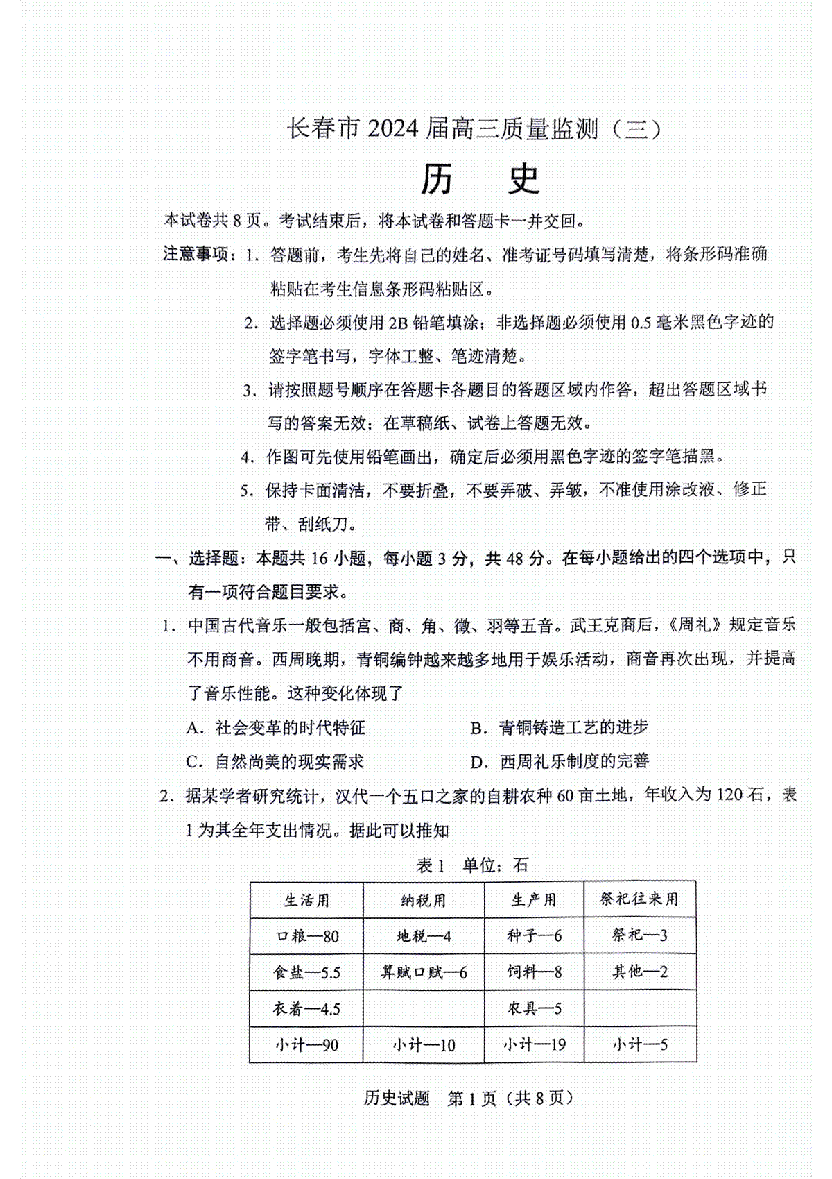 2024届长春市高三三模历史试题