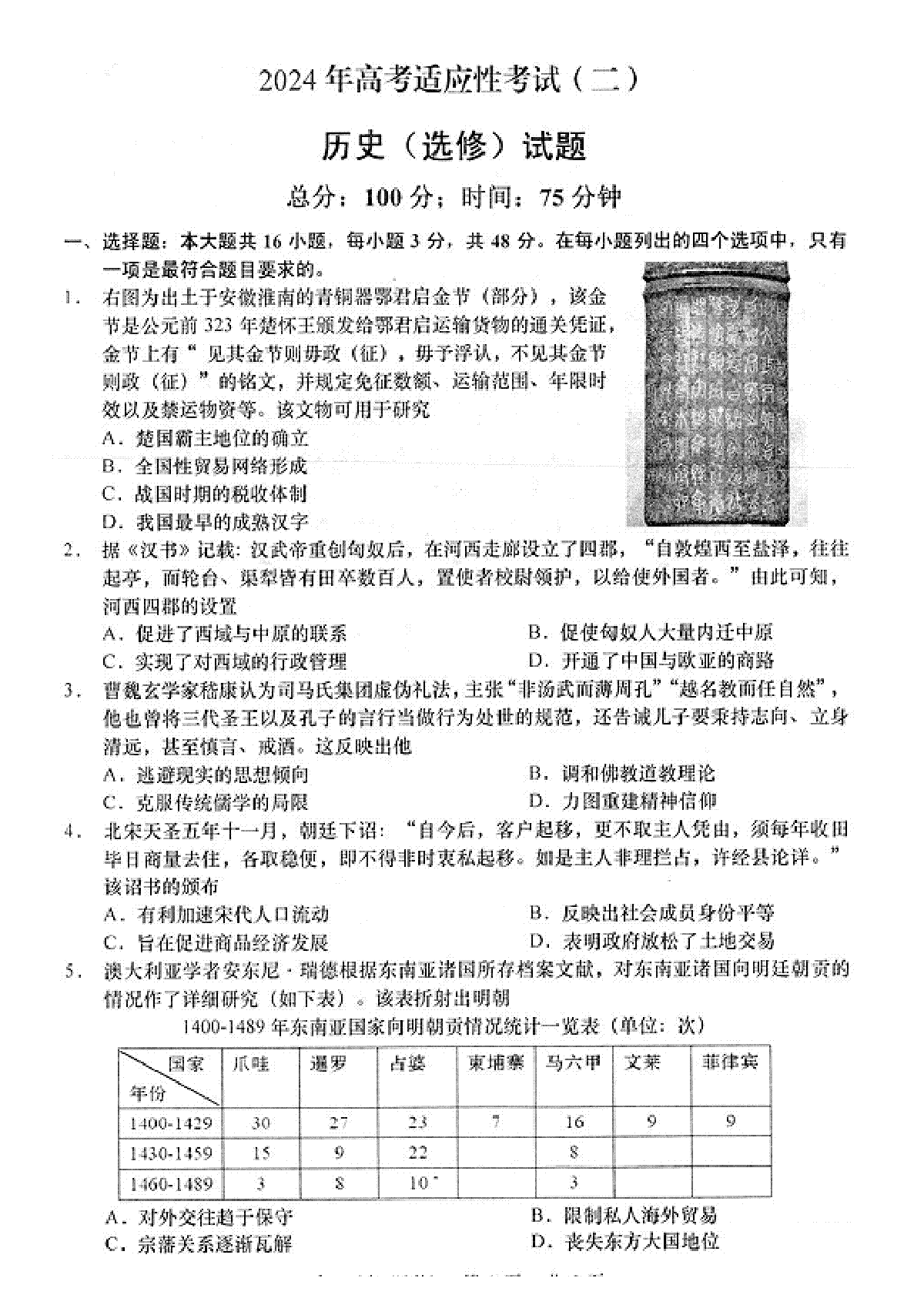 2024届江苏省南通市如皋市高考二模历史试题