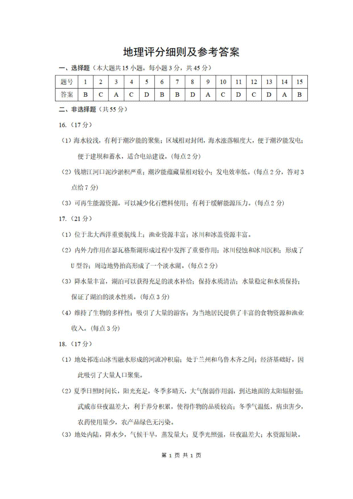 2024届重庆市九龙坡区高三二模考试地理答案