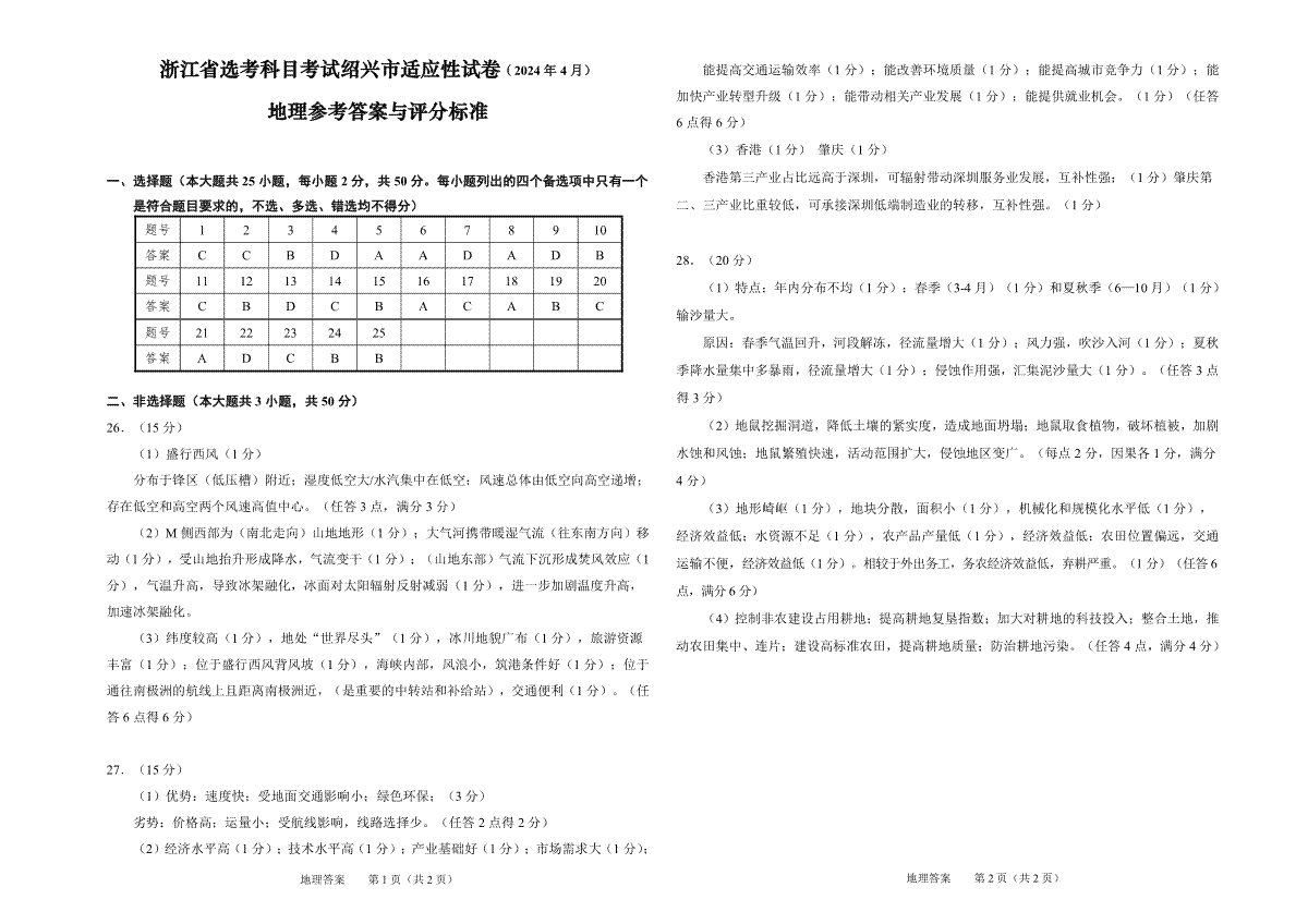 2024届浙江省绍兴市高三高考4月适应性考试（二模）地理答案