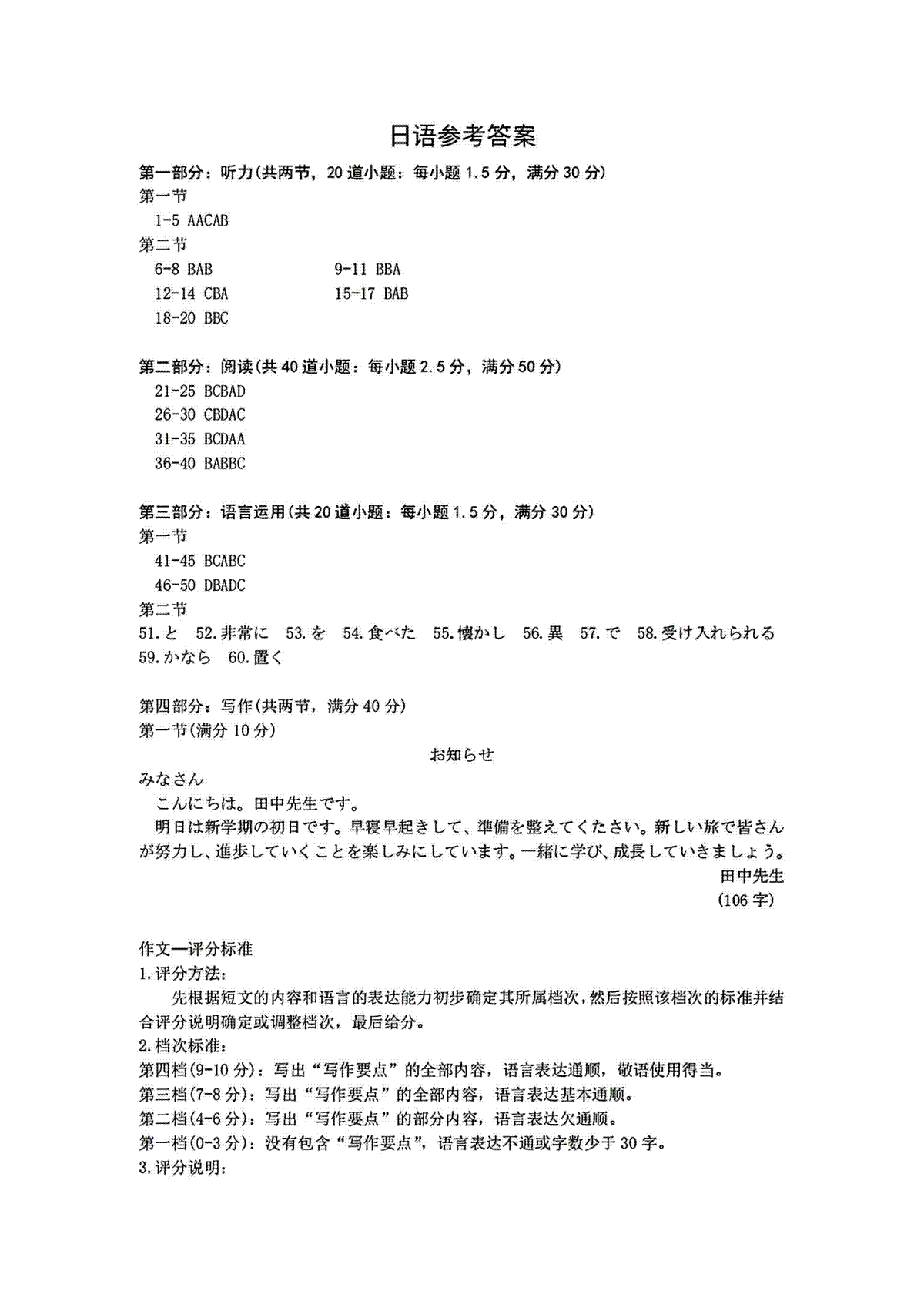 2024届江西省重点中学盟校高三下学期第二次联考日语答案