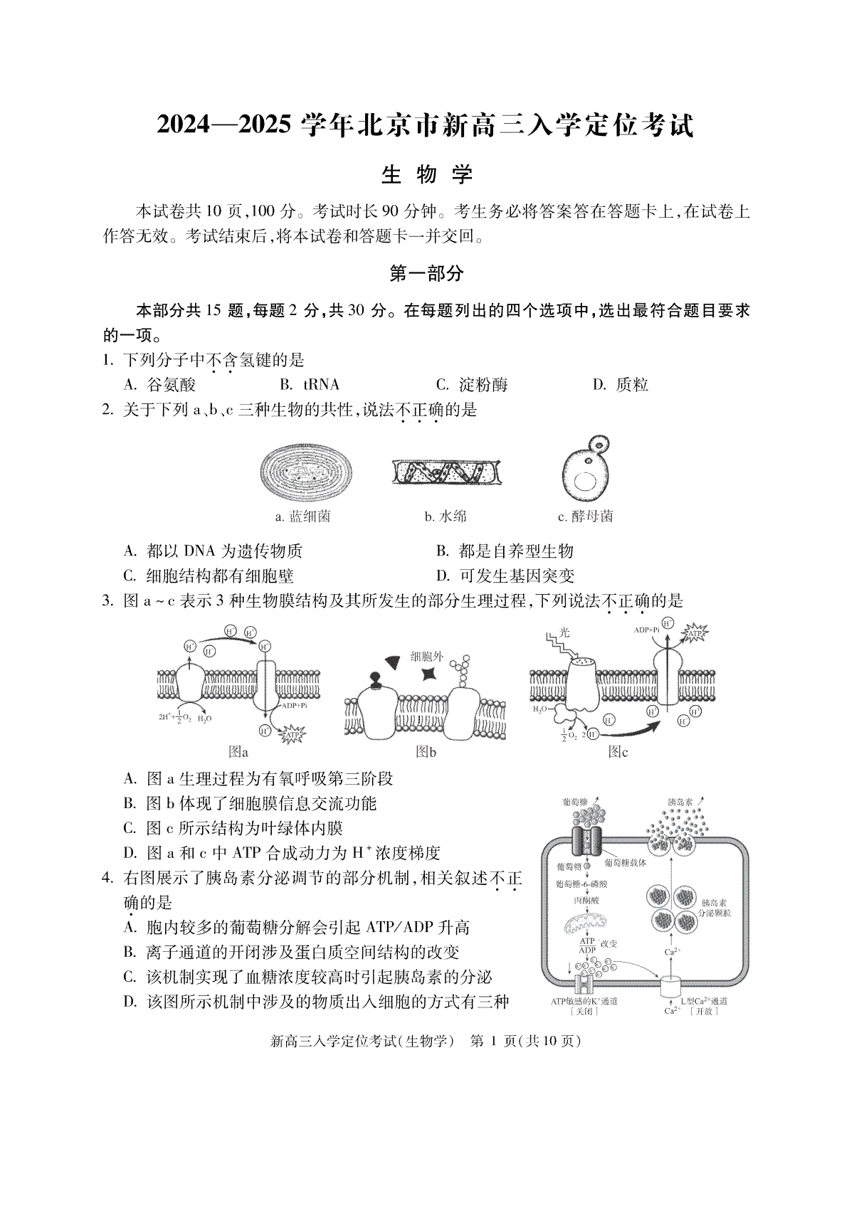 北京市2024-2025学年高三上学期入学定位考试生物试题