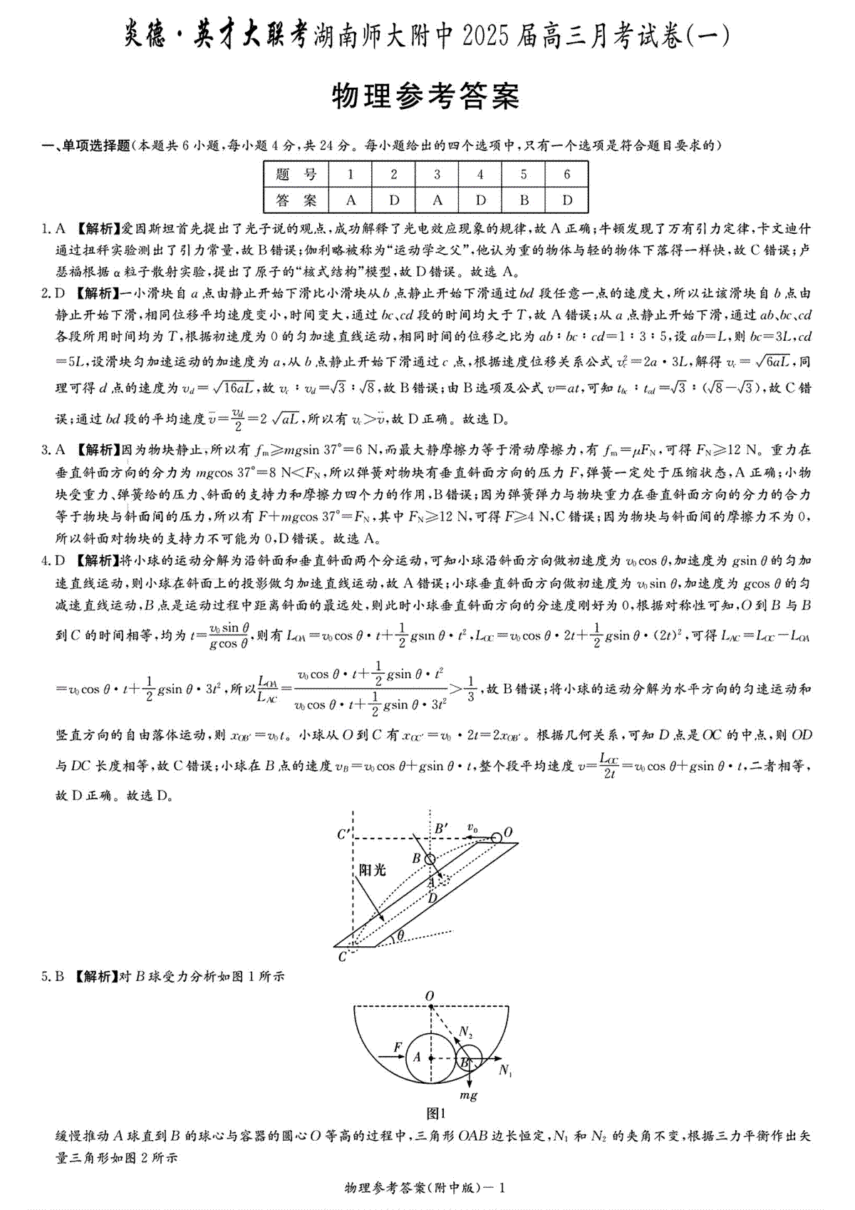 湖南省长沙市湖南师范大学附属中学2024-2025学年高三上学期月考（一）物理试题答案